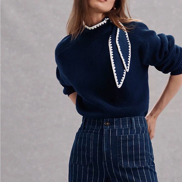 BNWT Loft Contrast Stitched Tie Neck Sweater Deep Blue - Picture 4 of 5